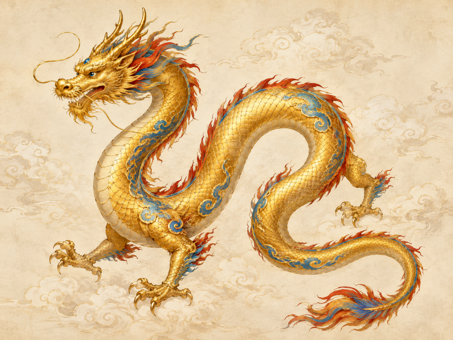 A golden Chinese loong rendered against a paper ground